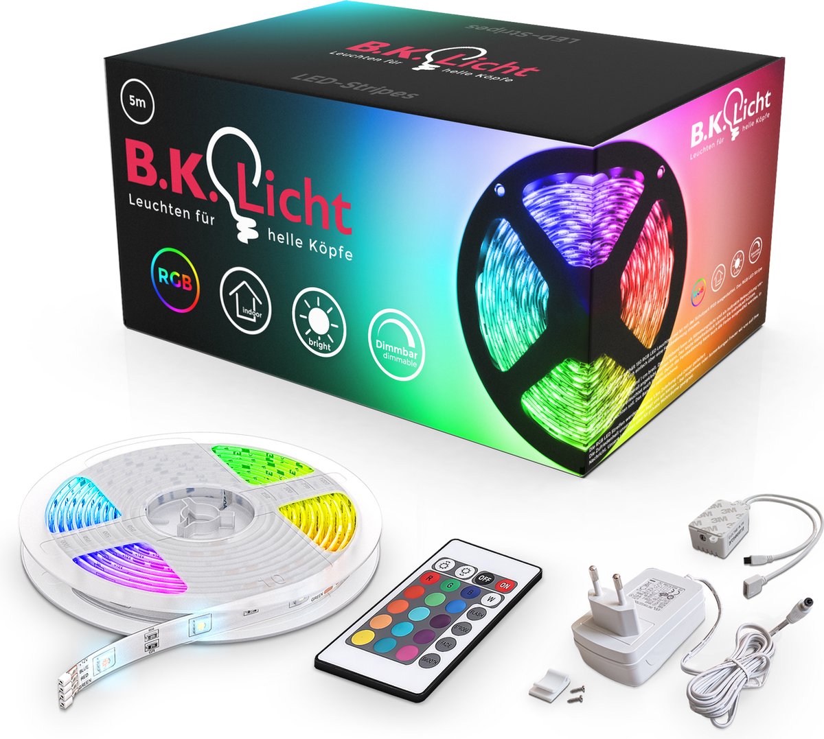 B.K. light - LED strip - 5 meter LED lights - RGB lighting - dimmable - with remote control - colored light - self-adhesive