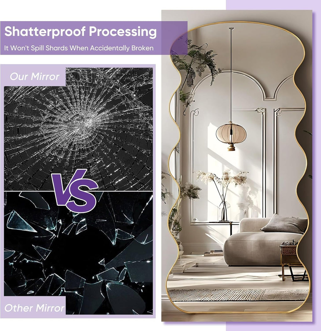 Wavy FullL ength Floor Standing Mirror Gold 76x34 Inches