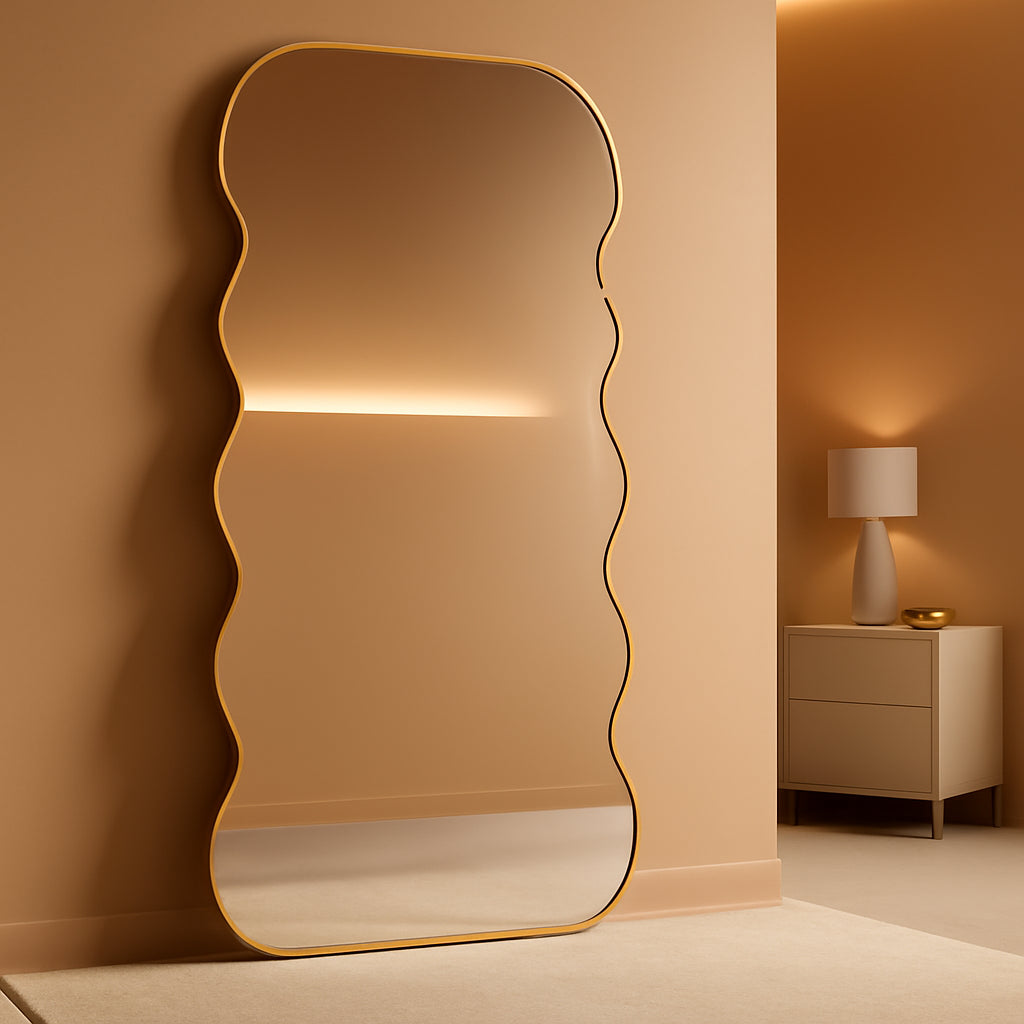 Wavy FullL ength Floor Standing Mirror Gold 76x34 Inches