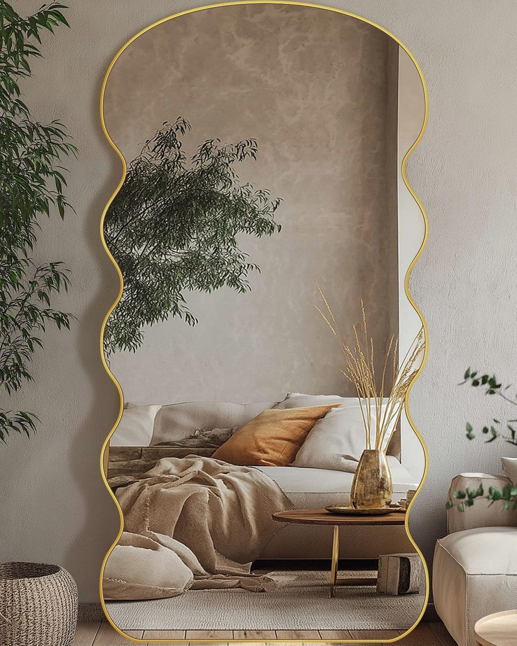 Wavy FullL ength Floor Standing Mirror Gold 76x34 Inches